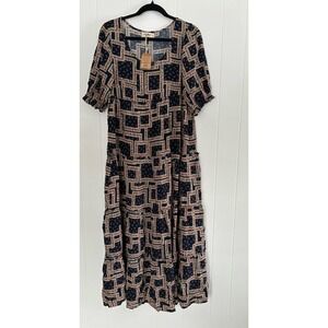 NWT Natural Life Patchwork Maxi Dress Navy Red Floral Tiered Midi Bohemian Small